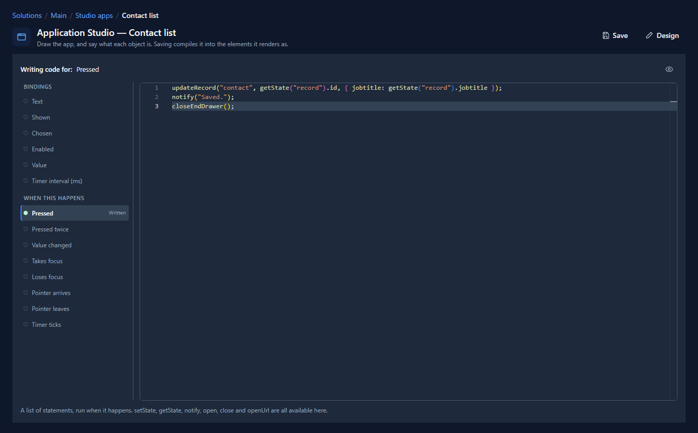 The code page for the drawer's Save button: Pressed marked Written, with updateRecord, notify and closeEndDrawer in the editor