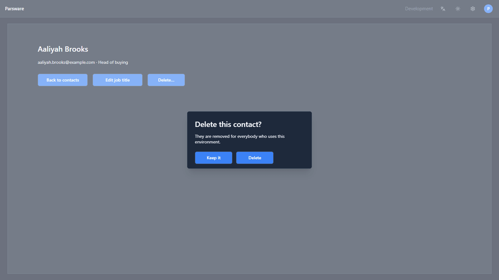 The modal in the middle of the shaded Contact screen: Delete this contact?, the warning, and Keep it and Delete