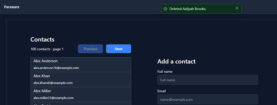 The Contacts list with "Deleted Aaliyah Brooks." at the top and 100 contacts · page 1