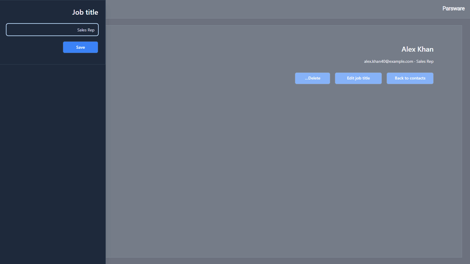 The same Contact screen in Persian, laid out right to left, with the Job title drawer open on the left
