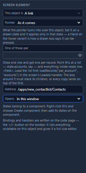 The Screen tab for a link: This object is A link, Address /apps/new_contactlist/Contacts, Opens In this window