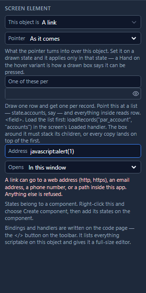The Address box holding javascript:alert(1), and under it in red: A link can go to a web address (http, https), an email address, a phone number, or a path inside this app. Anything else is refused.