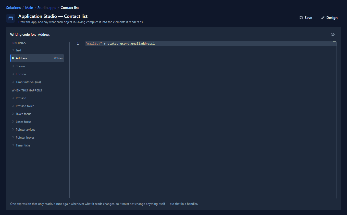 The code page for the Send an email link: Address marked Written, with "mailto:" + state.record.emailaddress1 in the editor