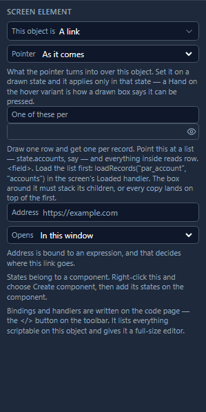 The link's Screen tab with the Address box greyed, and the line: Address is bound to an expression, and that decides where this link goes