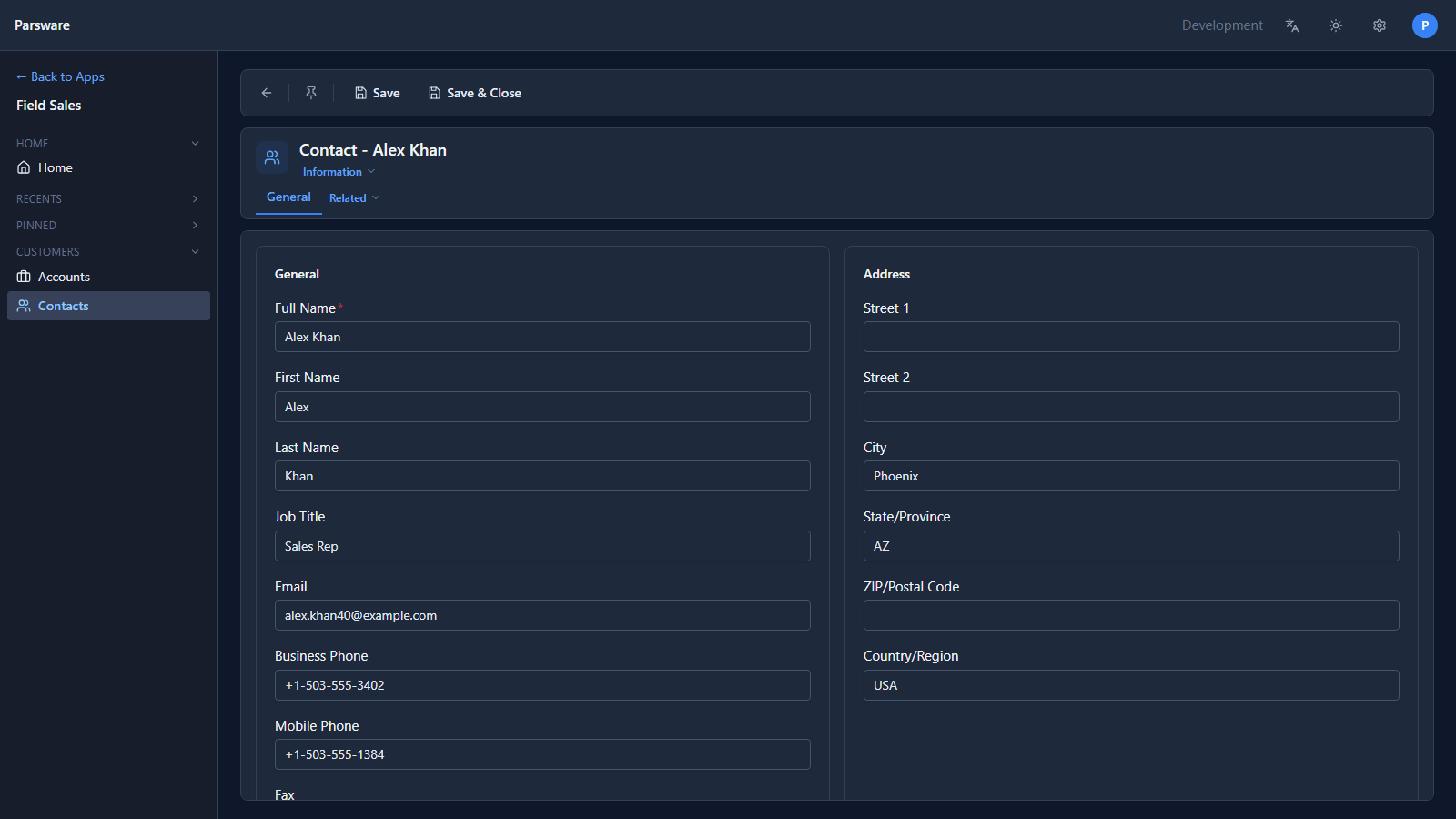 Alex Khan's record open in the Field Sales app, with Full Name, Job Title Sales Rep and the email filled in
