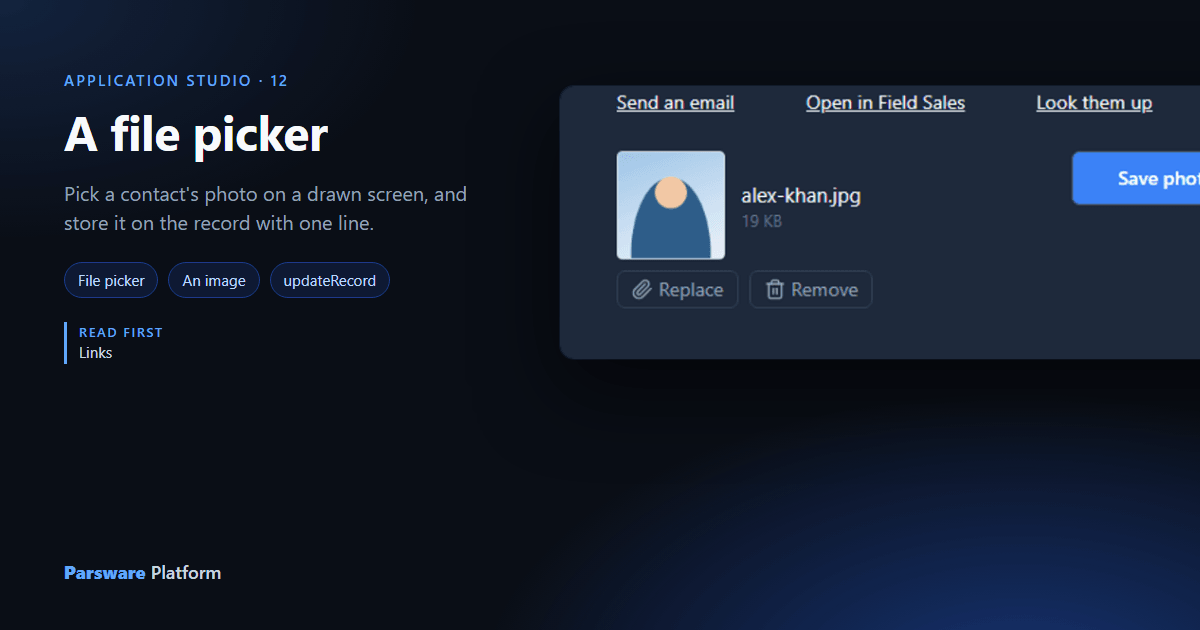 A drawn screen holding a picked photo, alex-khan.jpg, 19 KB, with Replace, Remove and a Save photo button, next to the title "A file picker"