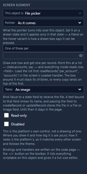 The Screen tab for the picker: This object is File picker, Takes An image, and the hint about binding Value and storing the file with createRecord or updateRecord
