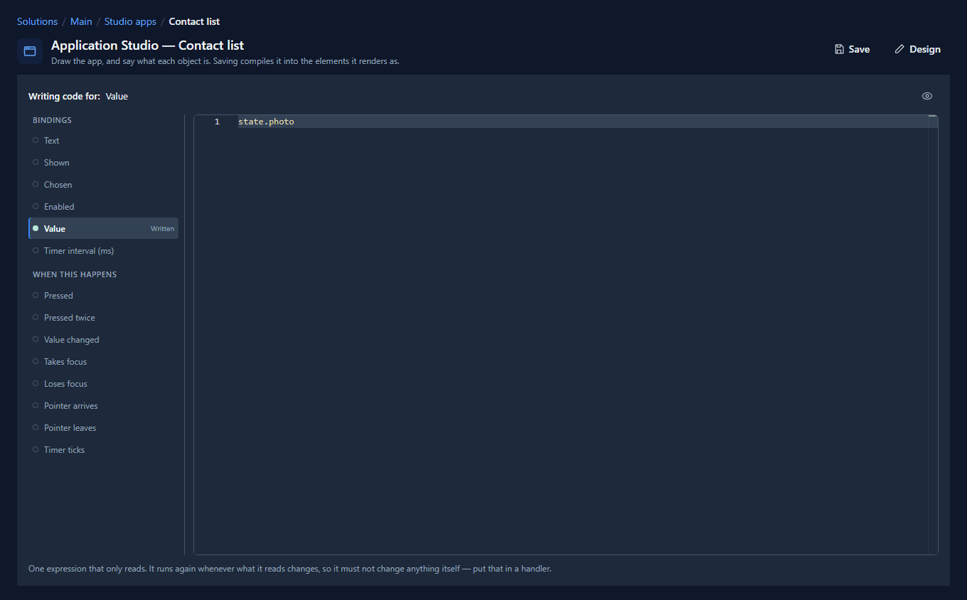 The code page for the picker: Value marked Written, with state.photo in the editor