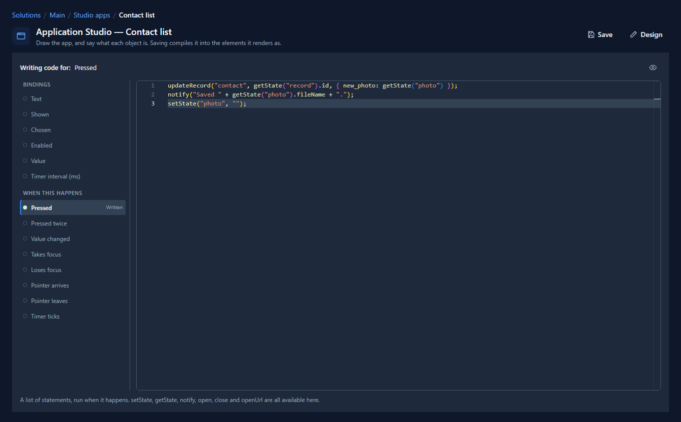 The code page for Save photo: Pressed marked Written, with updateRecord, notify and setState in the editor