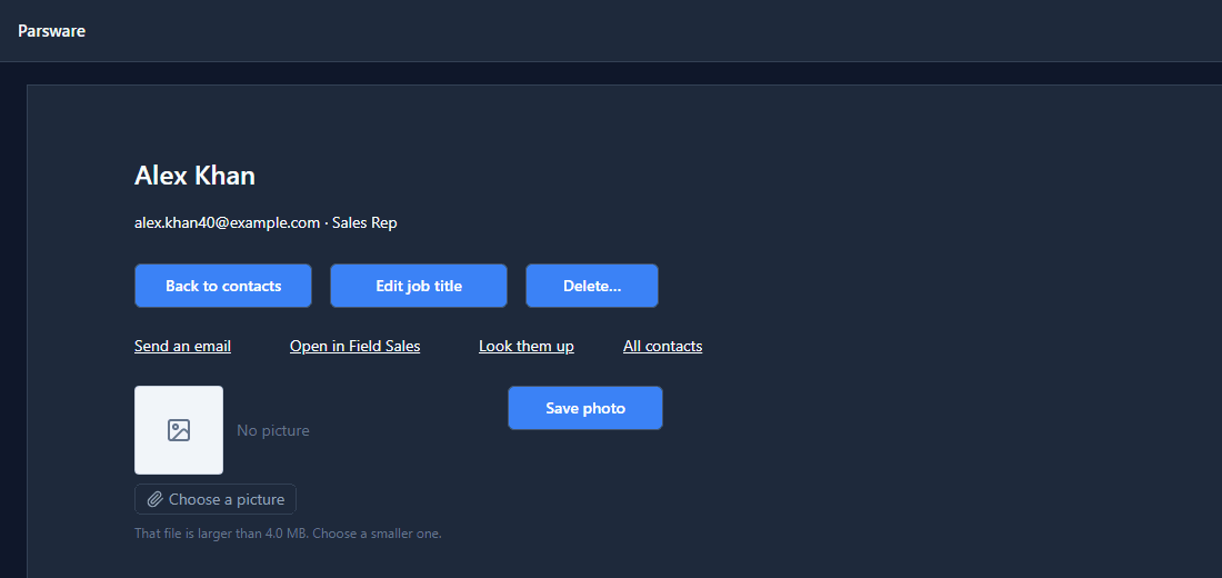 The picker showing No picture and, under Choose a picture: That file is larger than 4.0 MB. Choose a smaller one.