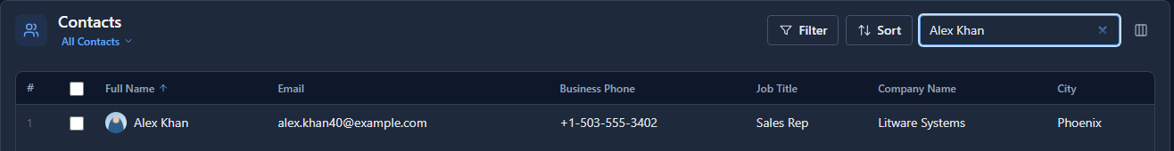 The Field Sales Contacts list searched for Alex Khan, with the new photo as a small round picture beside the name