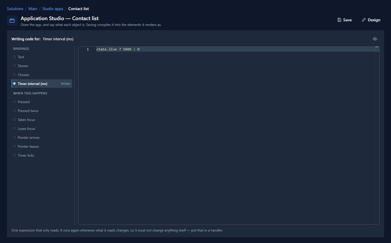 The code page for Contact list: Timer interval (ms) marked Written, with state.live ? 5000 : 0 in the editor