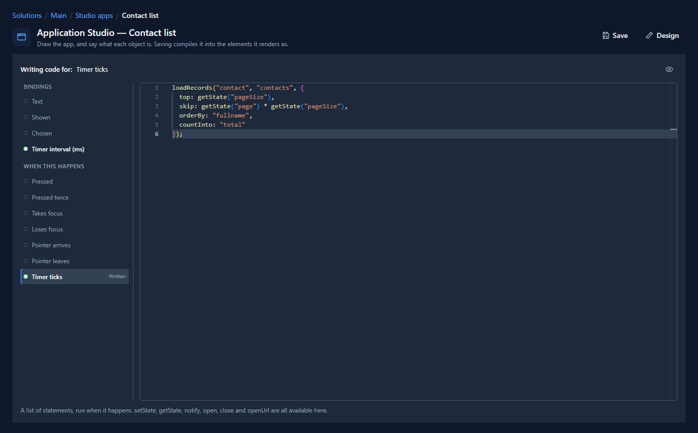 The code page for Contact list: Timer ticks marked Written, with the loadRecords call in the editor