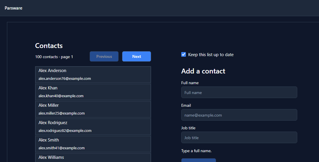 The drawn Contacts list: 100 contacts, page 1, starting with Alex Anderson, with Keep this list up to date ticked