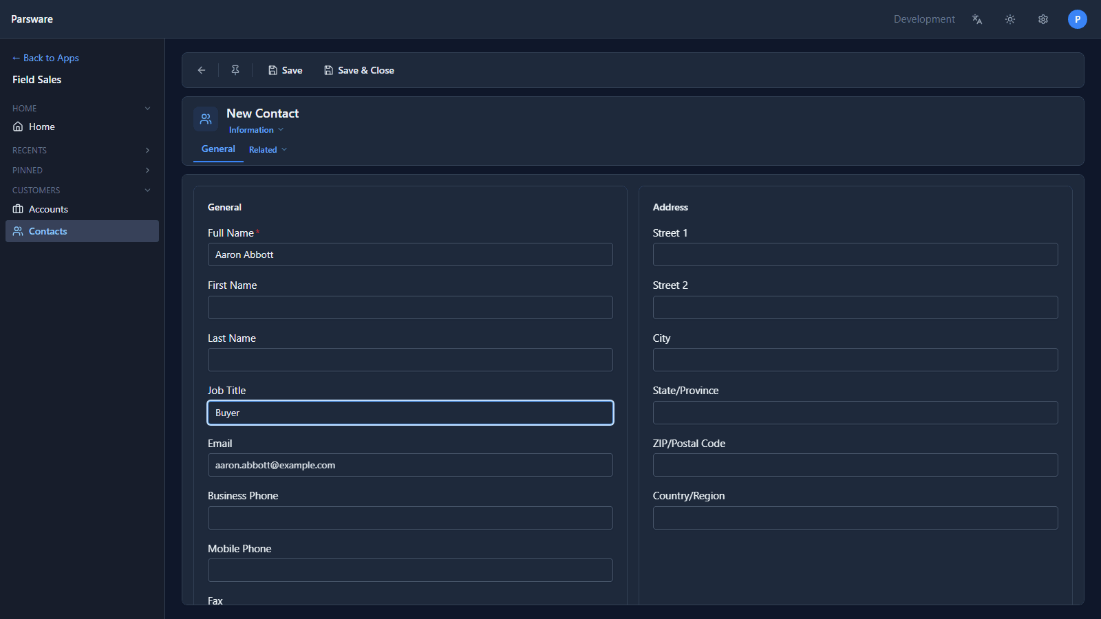 The Field Sales app's New Contact form with Full Name Aaron Abbott, Job Title Buyer and an email, about to be saved