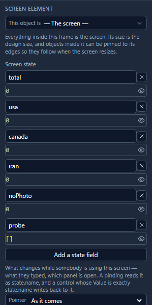 The Overview screen's state: total, usa, canada, iran and noPhoto, each 0, and probe, an empty list
