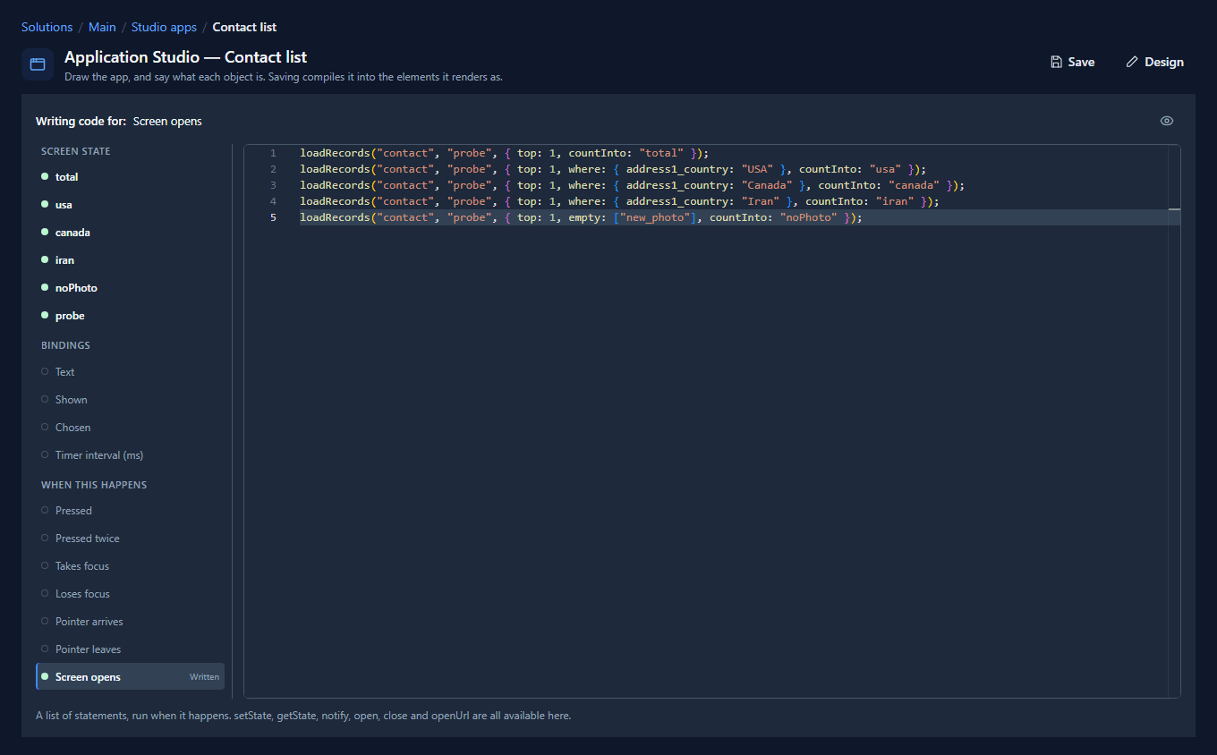 The code page for the Overview screen: Screen opens marked Written, with the five loadRecords lines