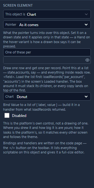 The Screen tab for the chart: This object is Chart, Chart Donut, and the hint to bind Value to a list of label and value