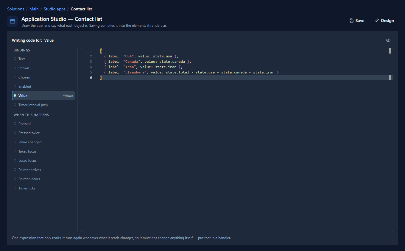 The code page for the chart: Value marked Written, with the four slices in the editor