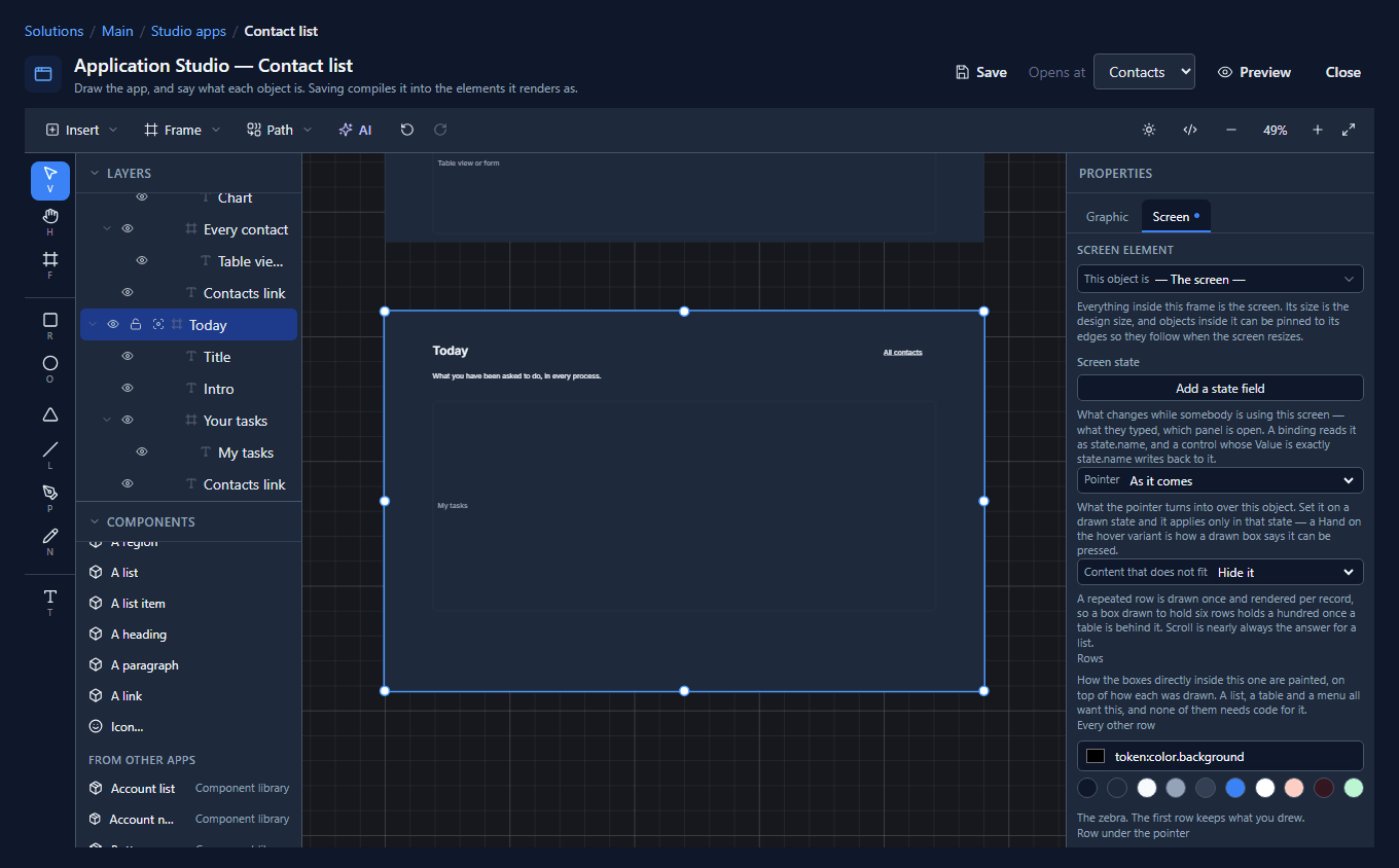 The designer with the Today frame selected: Today, the paragraph, and the My tasks box under them, with Your tasks and My tasks in Layers