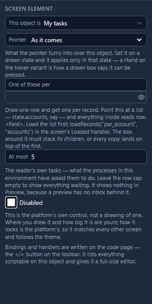 The Screen tab for the task box: This object is My tasks, At most 5, and the hint that it shows nothing in Preview