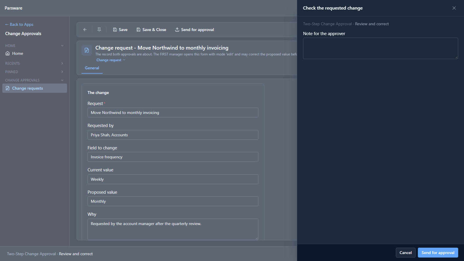 The Check the requested change panel: a Note for the approver box, and Cancel and Send for approval