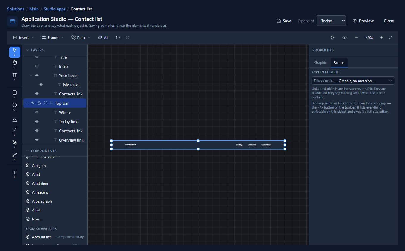 The canvas zoomed onto the Top bar frame: a paragraph on the left and three links on the right, and Top bar, Where, Today link, Contacts link and Overview link in Layers