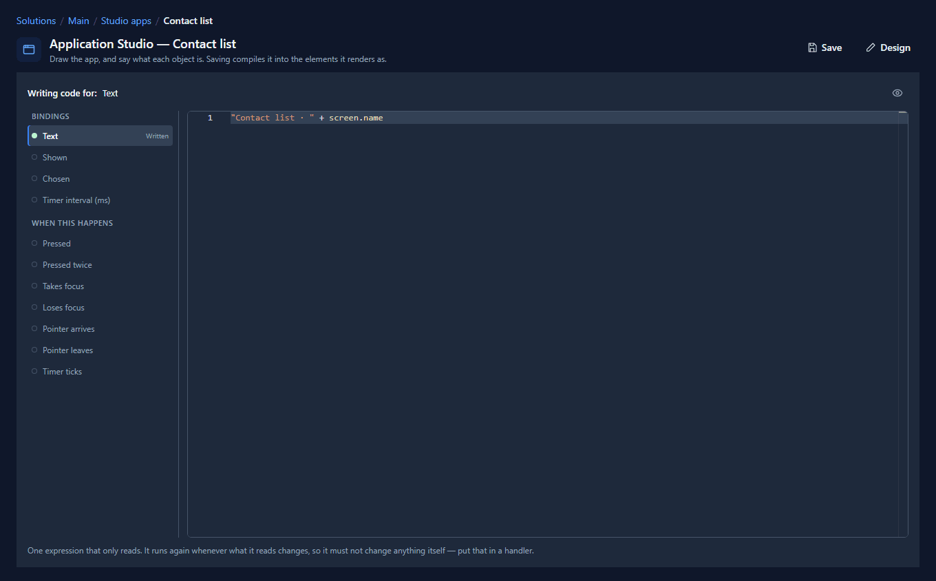 The code page for the paragraph: Text marked Written, with "Contact list · " + screen.name in the editor