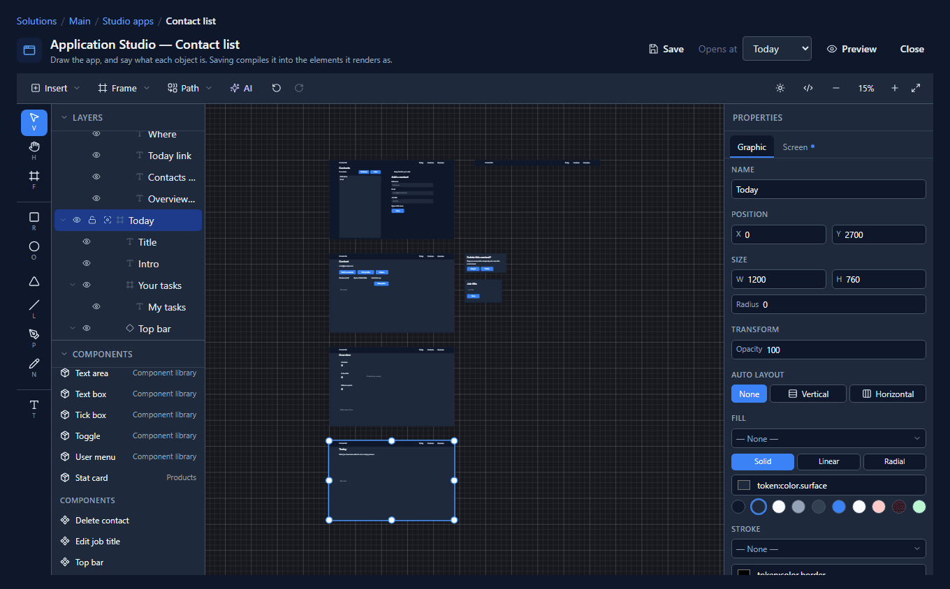The whole canvas: the four screens, each with the bar across its top, and the Top bar drawing to the right