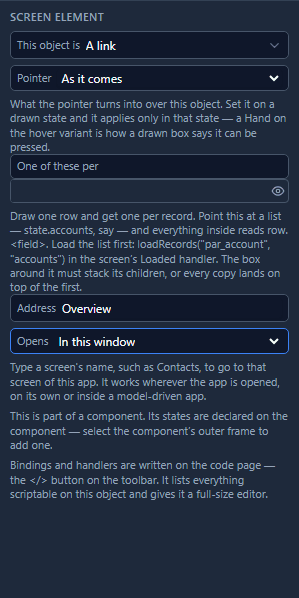 The Screen tab for the Overview link: This object is A link, Address Overview, Opens In this window, and the hint that a screen's name goes to that screen wherever the app is opened