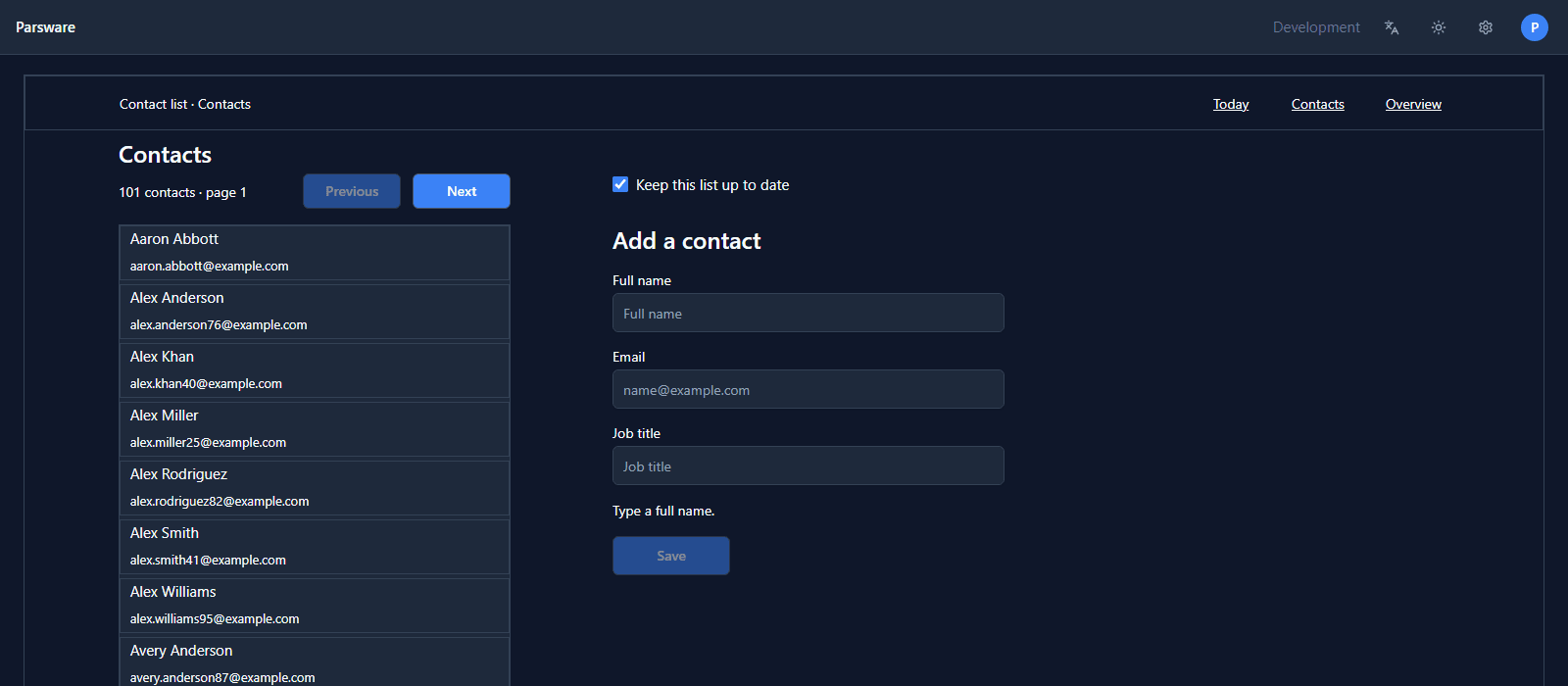 The Contacts screen under the same bar, reading Contact list · Contacts