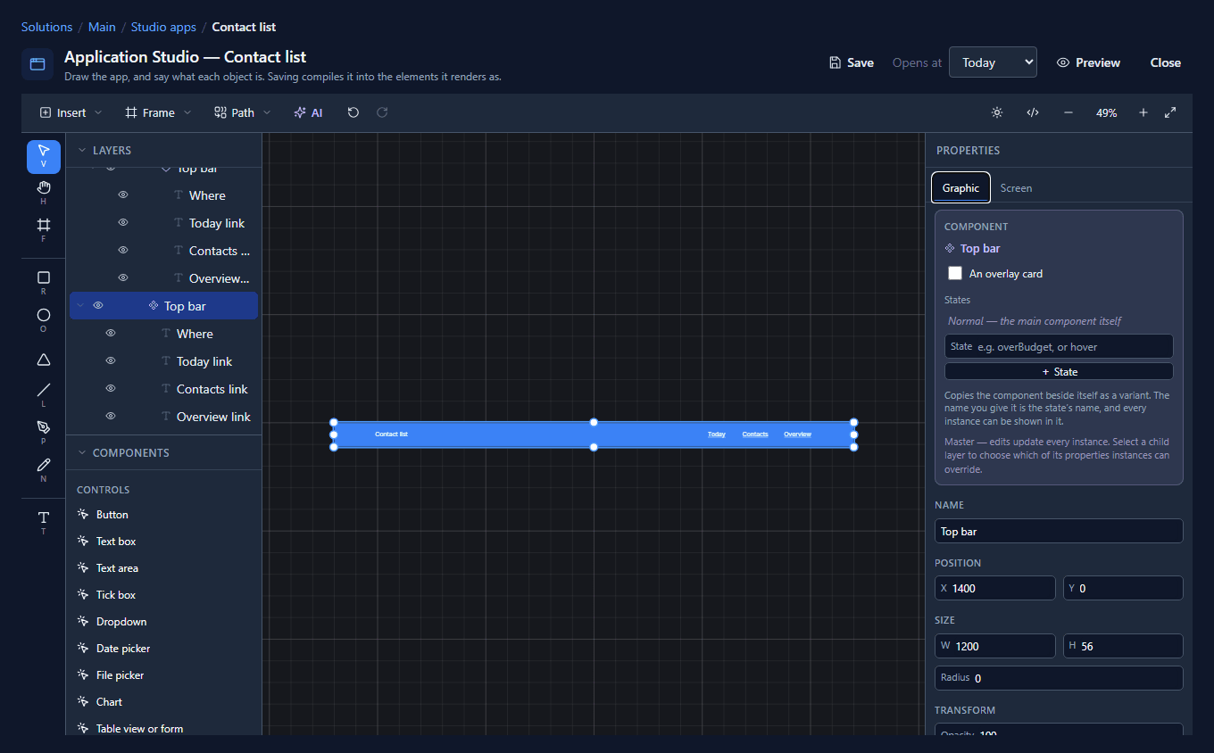 The Top bar drawing selected, now blue, with Component Top bar in the inspector