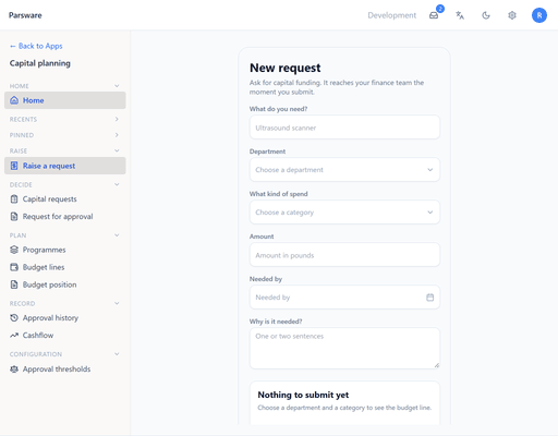 The same app on a phone before the fix: the page laid out 1024 wide, the navigation rail taking half of it and the form squeezed beside it