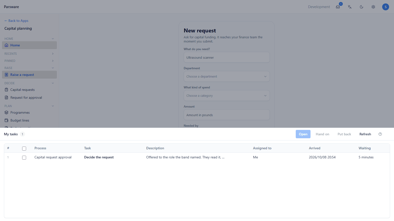 Sam's task list over the Capital planning app: Capital request approval, Decide the request, offered to Budget holder, arrived 20:54
