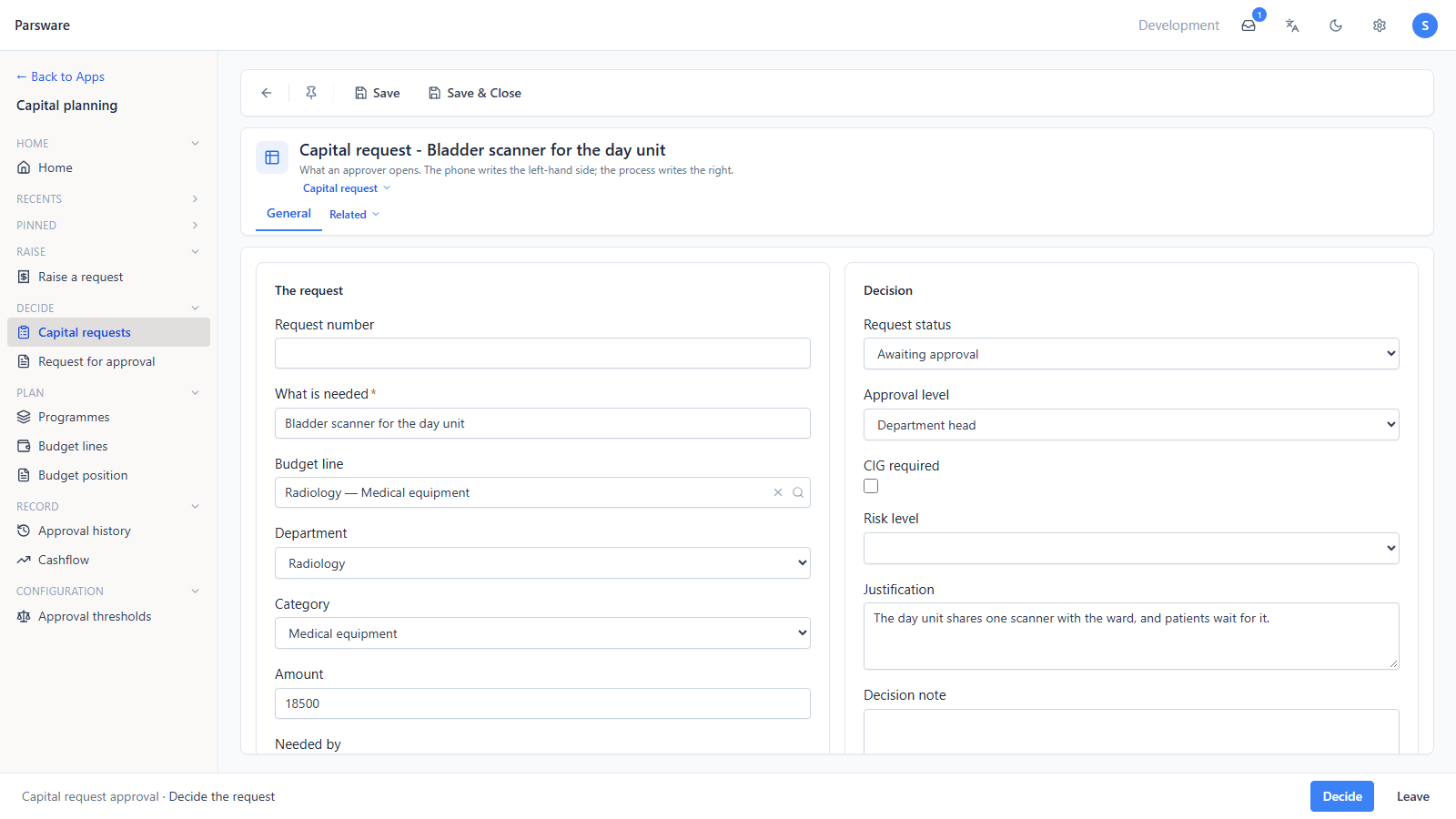The request on a desktop: Bladder scanner for the day unit, Budget line Radiology — Medical equipment, Amount 18500, Request status Awaiting approval, Approval level Department head, and Decide in the bar along the bottom