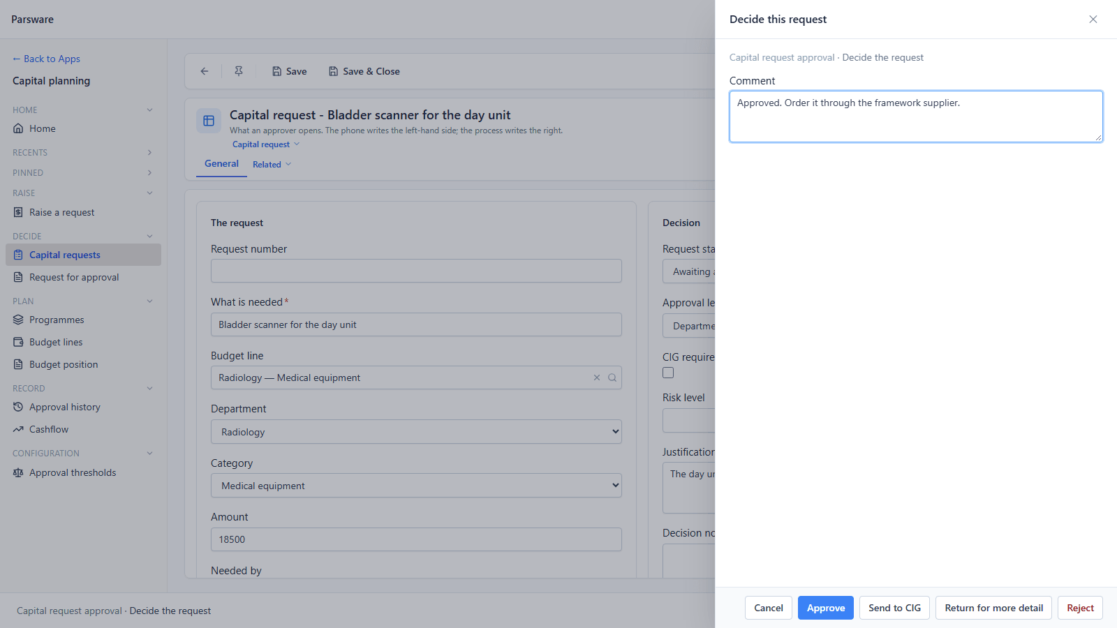 The Decide this request panel: a comment, Approved. Order it through the framework supplier., and Approve, Send to CIG, Return for more detail and Reject