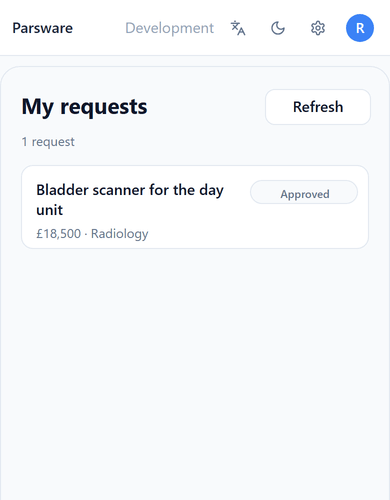 My requests on the phone: Bladder scanner for the day unit, £18,500 · Radiology, Approved