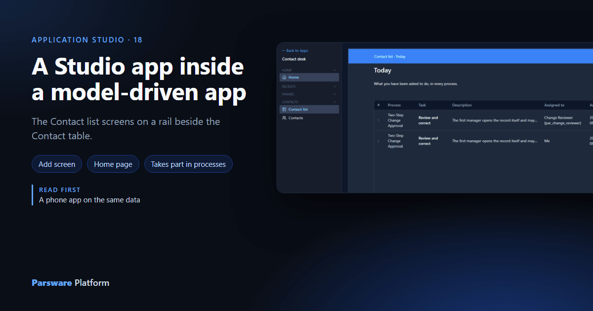 The Contact desk app: a rail with Contact list and Contacts, and the drawn Today screen with its blue top bar, next to the title "A Studio app inside a model-driven app"