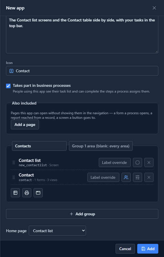 The New app drawer: Contact icon, Takes part in business processes ticked, a group called Contacts holding Contact list (new_contactlist · Screen) and Contact (contact · 1 forms · 3 views), and Home page Contact list