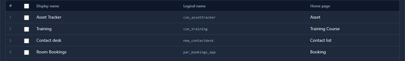 The Apps list with Contact desk, new_contactdesk, Home page Contact list