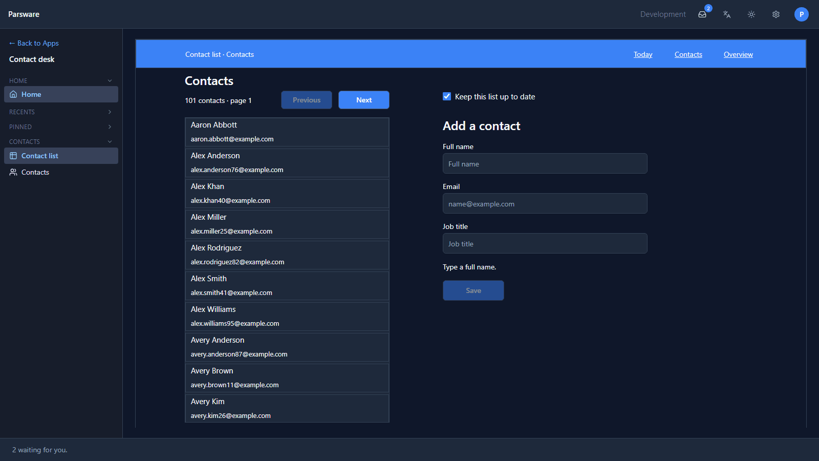 The Contacts screen inside Contact desk: the rail still on the left, the drawn bar reading Contact list · Contacts