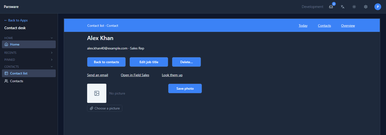 The Contact screen for Alex Khan inside Contact desk