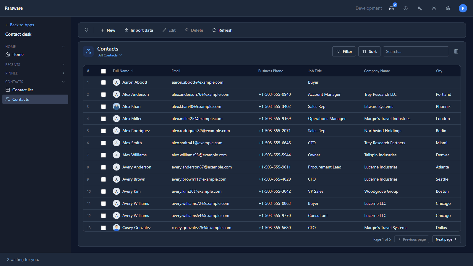 The Contacts list in Contact desk: New, Import data, Edit, Delete and Refresh, and the All Contacts view with Aaron Abbott, Alex Anderson and Alex Khan