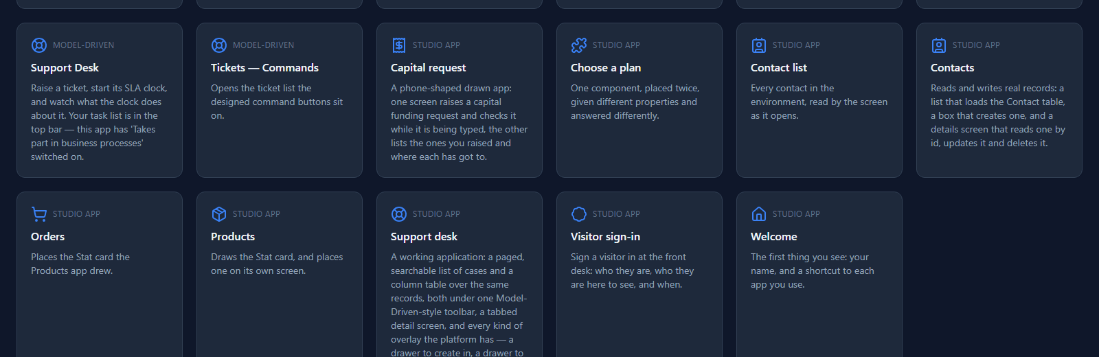The Shell's app list: Studio App tiles for Capital request, Choose a plan, Contact list, Contacts, Orders, Products, Support desk, Visitor sign-in and Welcome