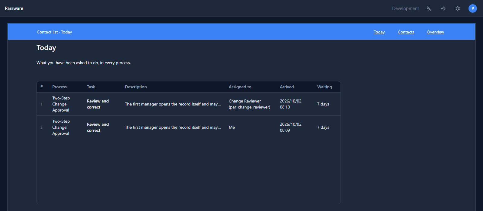 Contact list on its own: the platform's top bar, then the drawn blue bar with Today, Contacts and Overview, and the Today screen listing two tasks