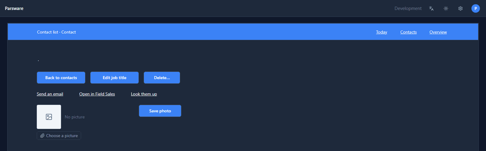 The Contact screen after a reload: the bar reads Contact list · Contact, and where the name and email were there's only a dot