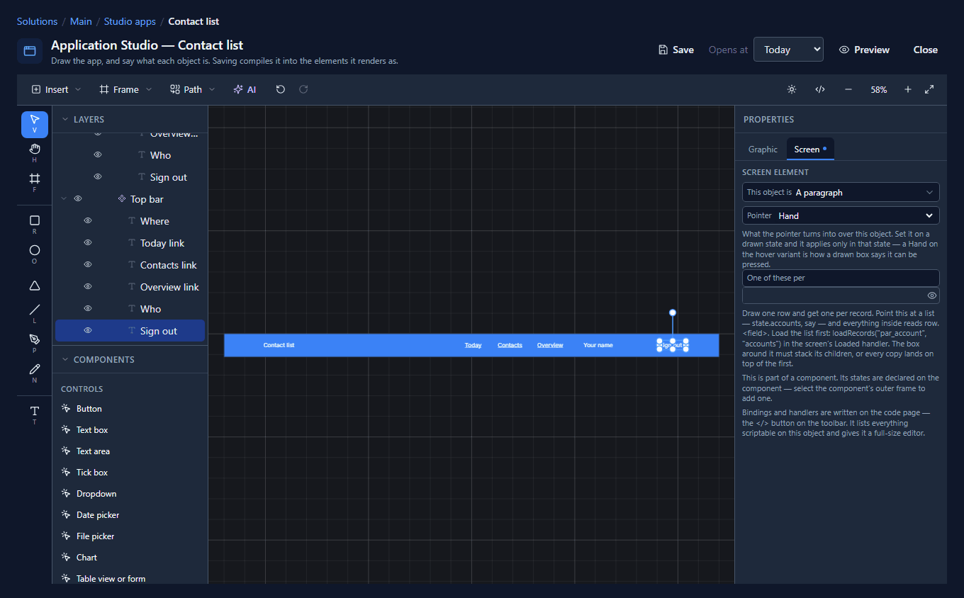 The Top bar master in the designer: Contact list on the left, then Today, Contacts, Overview, Your name and Sign out; Sign out selected, with Pointer Hand on the Screen tab