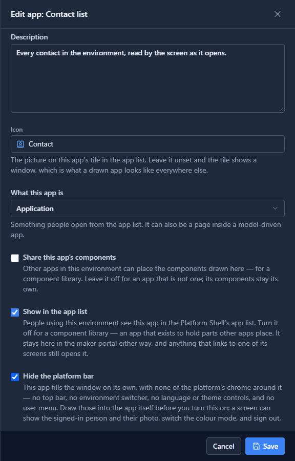 The Edit app drawer for Contact list: Show in the app list ticked, and Hide the platform bar ticked, explaining that the app fills the window with none of the platform's chrome