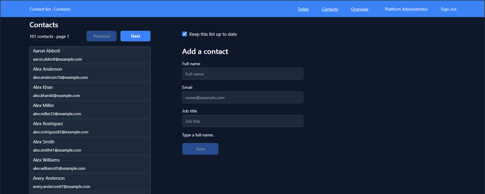 The Contacts screen, still filling the window, with the same bar