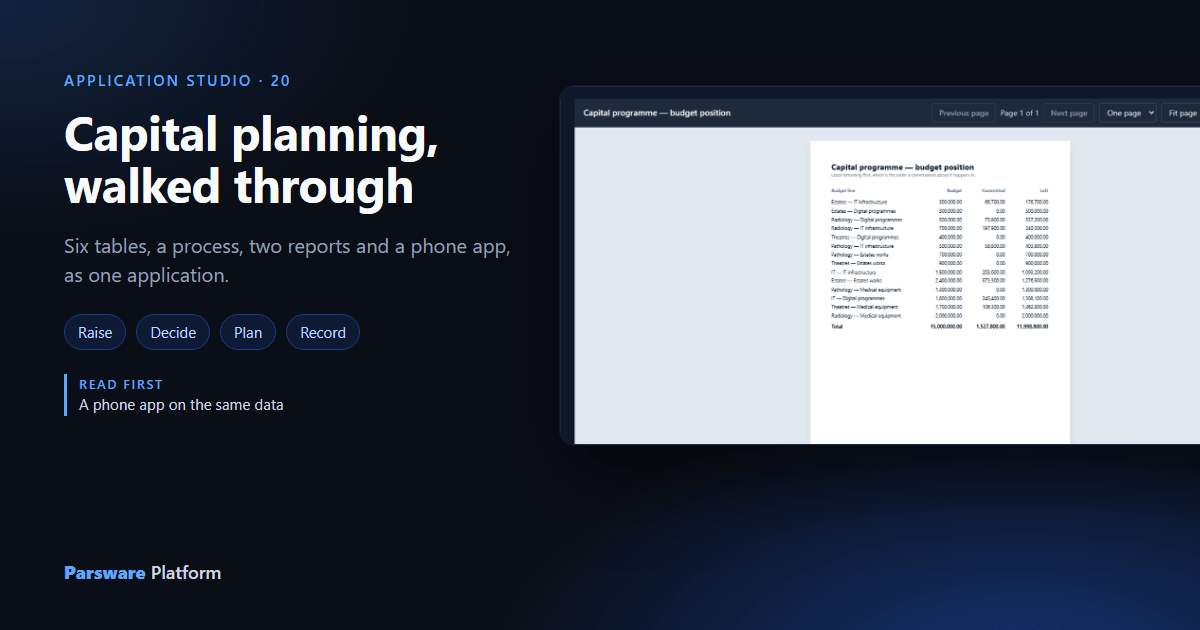 The Capital programme budget position report, fourteen budget lines and a total of £15,000,000, open in the Capital planning app, next to the title "Capital planning, walked through"
